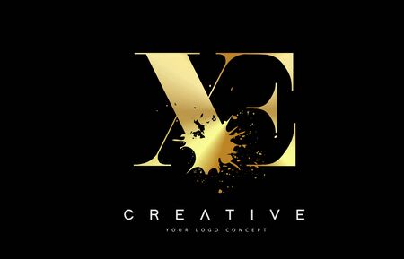 XE X E Letter Logo with Gold Melted Metal Splash Vector Design Illustration.のイラスト素材