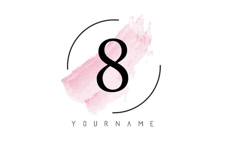 Number 8 Watercolor Stroke Logo with Circular Shape and Pastel Pink Brush Vector Designのイラスト素材