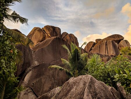 Amazing tropical beach Anse Source d'Argent with granite boulders, La Digue Island, Seychellesの写真素材