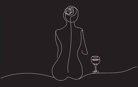 Modern illustration of a woman sitting with a glass of wine. A woman sitting and drinking a glass of red wine.のイラスト素材