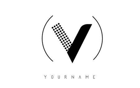 V Black Dotted Letter Logo Design with a circular rounded Frame. Dotted shape logotype.のイラスト素材