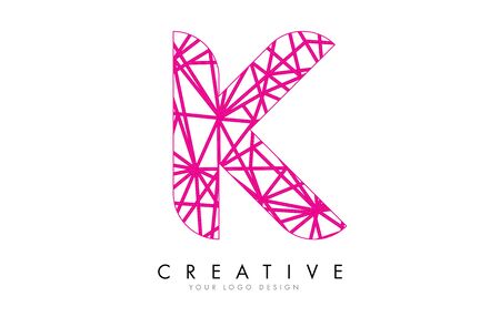 Sketched stylized Letter K with different Pink Lines Pattern Design. Lace and Web Effect Vector Illustration.のイラスト素材