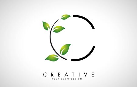 Leaf Letter C Logo Design with Green Leaves on a Branch. Letter C with nature concept. Eco and Organic Letter Vector Illustration.のイラスト素材