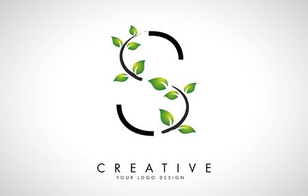 Leaf Letter S Logo Design with Green Leaves on a Branch. Letter S with nature concept. Eco and Organic Letter Vector Illustration.のイラスト素材