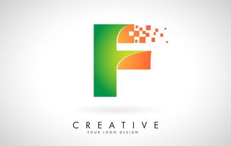 Letter F Logo Design in Bright Colors with Shattered Small blocks on white background.  Vector Illustration Design. Pixel art of the F letter logo.のイラスト素材