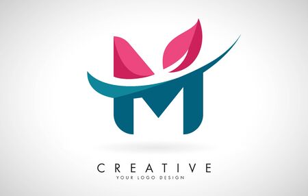 Blue and Red Letter M with Leaf and Creative Swoosh Logo Design Vector Illustration.のイラスト素材