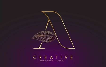 Outline Golden Letter A Logo icon with Wired Leaf Concept Design. Letter A with nature concept. Eco and Organic Letter Vector Illustration.のイラスト素材