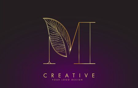 Outline Golden Letter M Logo icon with Wired Leaf Concept Design. Letter M with nature concept. Eco and Organic Letter Vector Illustration.のイラスト素材
