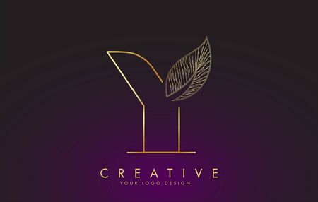Outline Golden Letter Y Logo icon with Wired Leaf Concept Design. Letter Y with nature concept. Eco and Organic Letter Vector Illustration.のイラスト素材