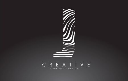 J Letter Logo Design with Fingerprint, black and white wood or Zebra texture on a Black Background. Creative J vector illustration with black and white lines.のイラスト素材