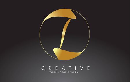 Initial I handwritten letter logo with golden elegant design and golden wave circle. Shiny metal creative vector illustration with letter I.のイラスト素材