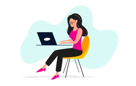 Business woman working in office behind her desk with a laptop. Flat style character and modern vector illustration.のイラスト素材