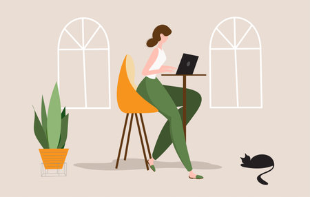 Woman working on her laptop at her house with her black cat nearby. Flat style vector illustration character for freelancing, work from home, online study, education, business, social media or corporate concepts.のイラスト素材