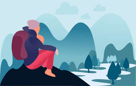 Young woman, hiker on the edge of a cliff with a backpack. The woman sits on a rock admiring the landscape with mountains and river. Adorable female hiker enjoying her time outdoors. Flat colorful style cartoon character vector illustration.のイラスト素材