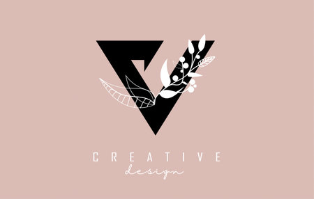 V Black Letter Logo with white leaves, leaf, branch design. Creative and elegant vector illustration with letter V.のイラスト素材