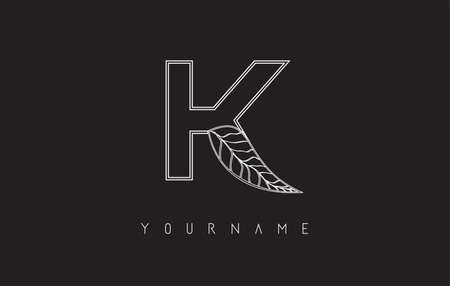 White Outline K Letter Logo with outline leaf design. Vector illustration, icon, concept for your personal branding or company. Creative template for various business types.のイラスト素材