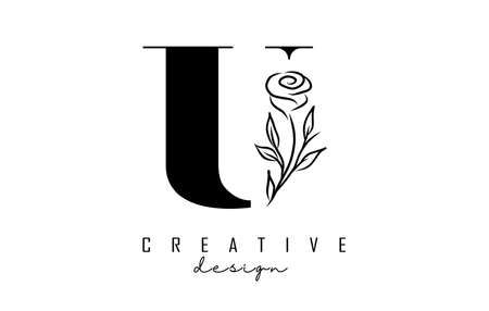 U letter logo design with black rose vector illustration. Creative and elegant icon with letter U.のイラスト素材