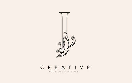 Black Outline J letter logo design with black flowers vector illustration. Creative and elegant icon.の写真素材