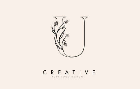 Black Outline U letter logo design with black flowers vector illustration. Creative and elegant icon.の写真素材