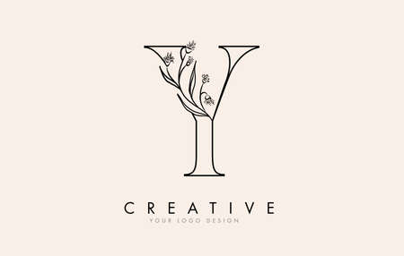 Black Outline Y letter logo design with black flowers vector illustration. Creative and elegant icon.の写真素材