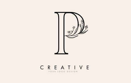 Black Outline P letter logo design with black flowers vector illustration. Creative and elegant icon.の写真素材