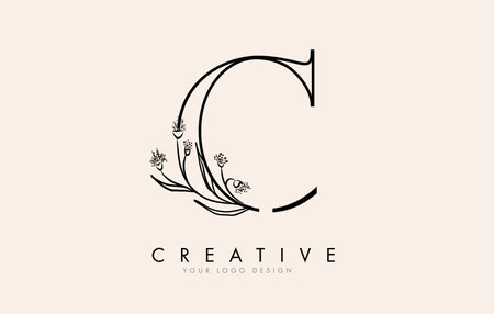 Black Outline C letter logo design with black flowers vector illustration. Creative and elegant icon.の写真素材