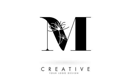 M letter logo design with elegant and abstract flowers vector illustration. Creative icon with letter M.のイラスト素材