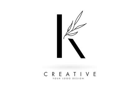 K letter logo design with elegant and slim leaves vector illustration. Creative icon with letter K.のイラスト素材
