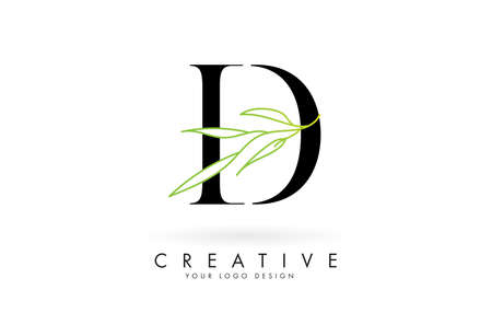 Elegant D letter logo design with long leaves branch vector illustration. Creative icon with letter D and natural elements.のイラスト素材