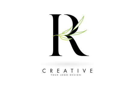 Elegant R letter logo design with long leaves branch vector illustration. Creative icon with letter R and natural elements.のイラスト素材