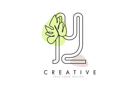 Black Outline Y letter logo design with Monstera Leaf One Line Drawing Vector Illustration with minimalist design style hand drawn. Creative and elegant icon.のイラスト素材