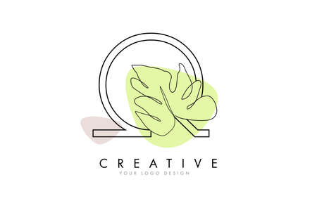 Black Outline Q letter logo design with Monstera Leaf One Line Drawing Vector Illustration with minimalist design style hand drawn. Creative and elegant icon.のイラスト素材