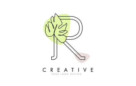 Black Outline R letter logo design with Monstera Leaf One Line Drawing Vector Illustration with minimalist design style hand drawn. Creative and elegant icon.のイラスト素材