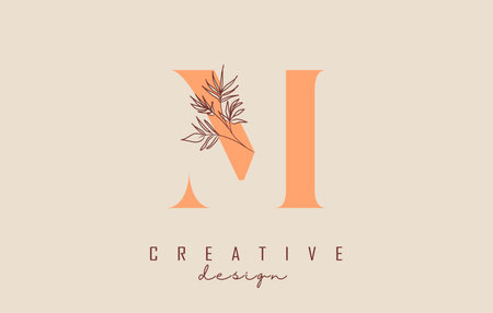 Orange shade M letter logo design with branch of leaves vector illustration. Minimalist icon for natural, eco and bio products.のイラスト素材