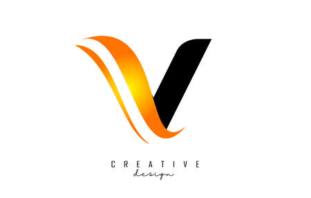 V letter Logo with gradient orange swoosh. Letter B with abstract geometric elements. Creative Vector Illustration with letter.のイラスト素材