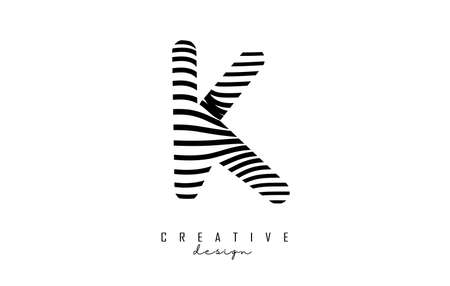 Letter K logo with black twisted lines. Creative vector illustration with zebra, finger print and wavy pattern lines.のイラスト素材