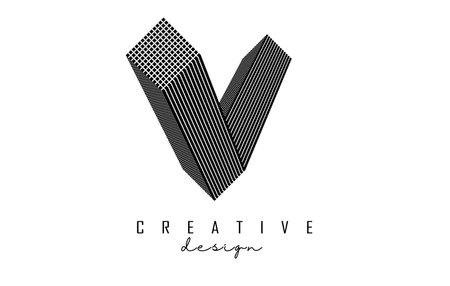 Letter V Logo with geometric 3d shape. Vector illustration with luxury concept for architecture, corporate, business or urban city skyline Real Estate. Linear creative monochrome monogram outline icon.の写真素材