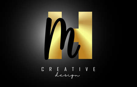 Golden Letters HM logo with a minimalist design. Letters H and M with geometric and handwritten typography. Creative Vector Illustration with letters.のイラスト素材