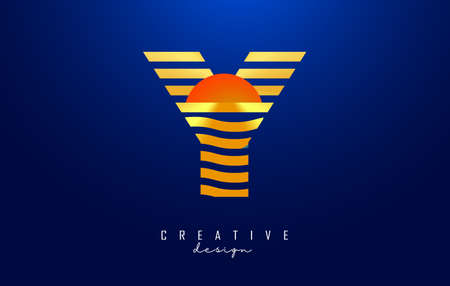 Letter Y logo design with golden straight and zig zag lines. Vector illustration with wavy and sunset color lines and half circle.のイラスト素材