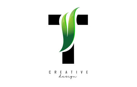 Vector illustration of abstract letter T with leaf, eco, natural design. Letter T logo with creative cut and shape.のイラスト素材
