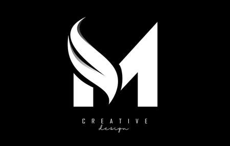 Vector illustration of abstract letter M with white leaf, eco, natural design. Letter M logo with creative cut and shape.のイラスト素材