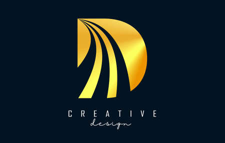 Creative golden letter D logo with leading lines and road concept design. Letter D with geometric design. Vector Illustration with letter and creative cuts and lines.のイラスト素材