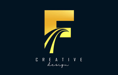 Creative golden letter F logo with leading lines and road concept design. Letter F with geometric design. Vector Illustration with letter and creative cuts and lines.のイラスト素材