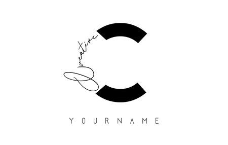 Creative C logo with cuts and handwritten text concept design. Letter with geometric design. Vector Illustration with letter and creative cut.のイラスト素材