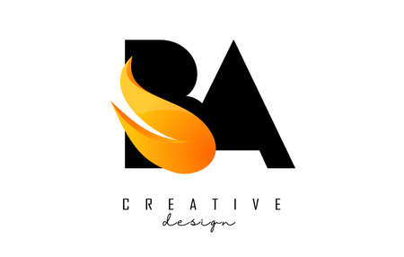 Vector illustration of abstract letters BA B A with fire flames and Orange Swoosh design. Letters logo with creative cut and shape.の写真素材