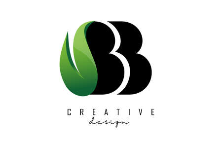 Vector illustration of abstract letters BB b with fire flames and Green swoosh design. Letters logo with creative cut and shape.のイラスト素材