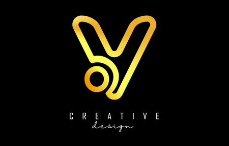 Outline golden letter V logo with a minimalist and gradient design. Vector Illustration with geometric design. Creative icon with letter.のイラスト素材