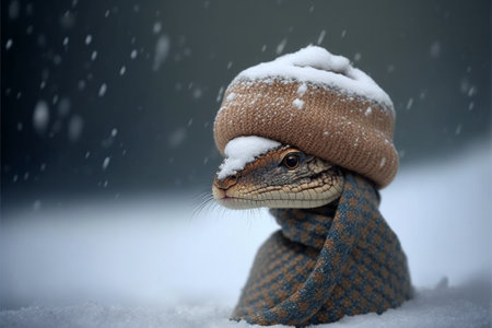 Animal wearing warm winter hat during cold winter and heavy snowfall. Highly detailed animal...