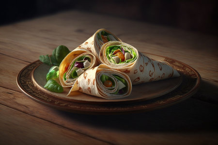 Illustration of delicious, quick and easy sandwich wraps packed for lunch or dinner. Soft flatbread rolled around a filling concept, beautifully presented on a nice plate. AI generated.の写真素材
