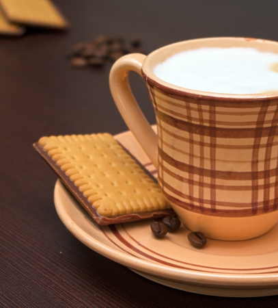 Cup of cappuccino and biscotti on wooden backgroundの写真素材